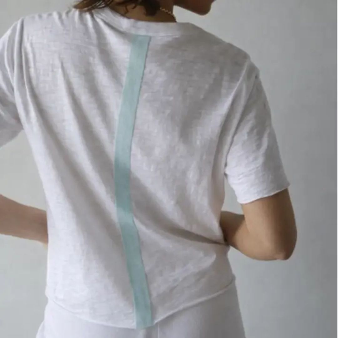 Erin Gray—Relaxed Crew with Stripe Short Sleeve, COLOR: White, PATTERN: Sea Glass Blue Stripe, SIZE: S