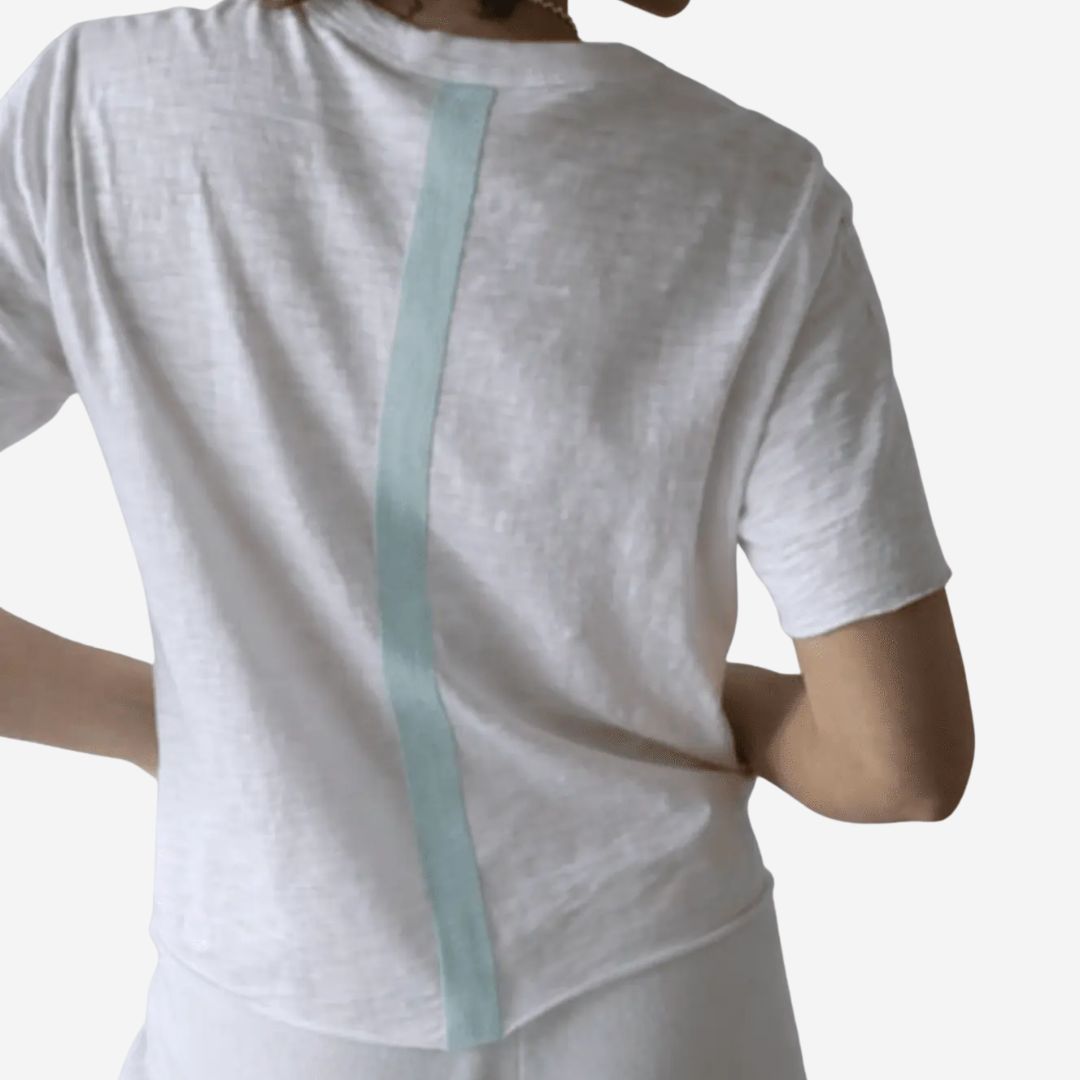 Erin Gray—Relaxed Crew with Stripe Short Sleeve, COLOR: White, PATTERN: Sea Glass Blue Stripe, SIZE: X-Small