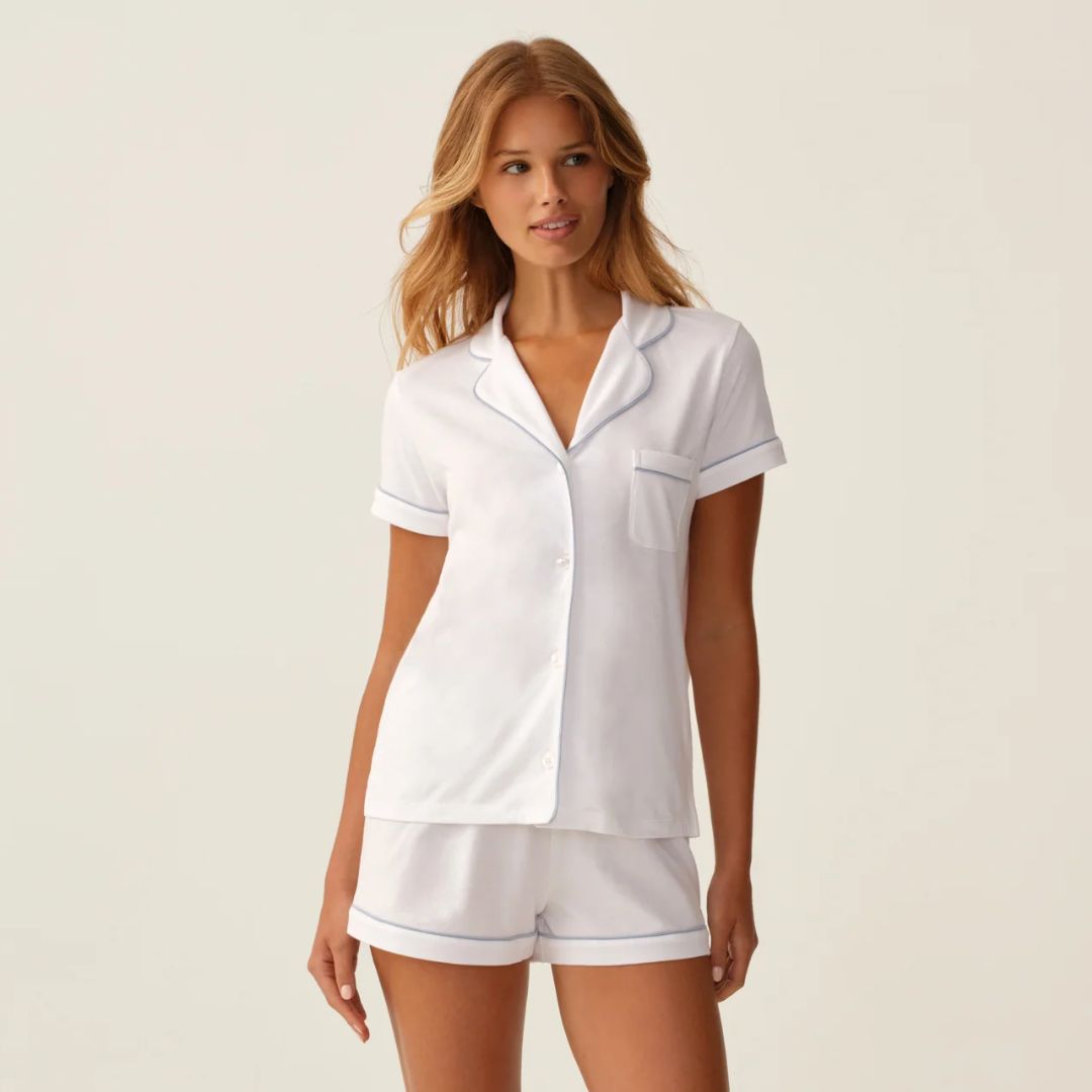Petite Plume Poppy Pima Short Set, COLOR: White/Periwinkle Piping, SIZE: Small