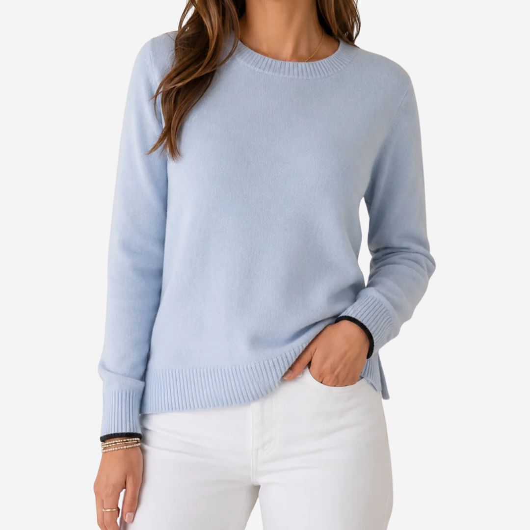 Erin Gray Cashmere Contrast Trim Sweater, COLOR: Light Blue / Black, SIZE: Small