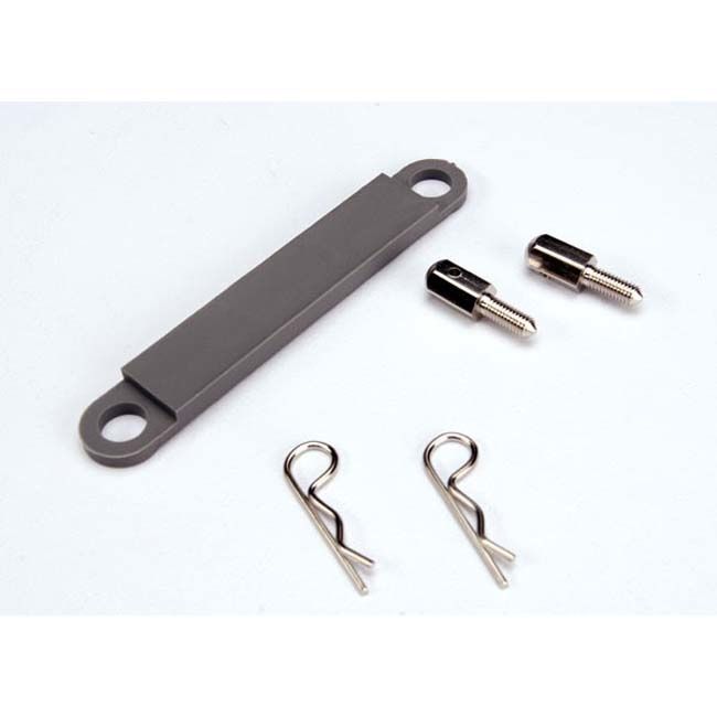 TRX-3727A Traxxas Battery hold-down plate (grey) / metal posts (2) / body clips (2)