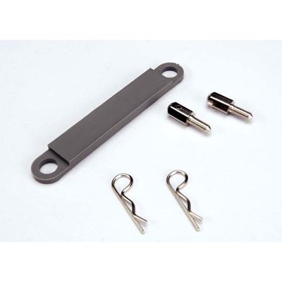 TRX-3727A Traxxas Battery hold-down plate (grey) / metal posts (2) / body clips (2)