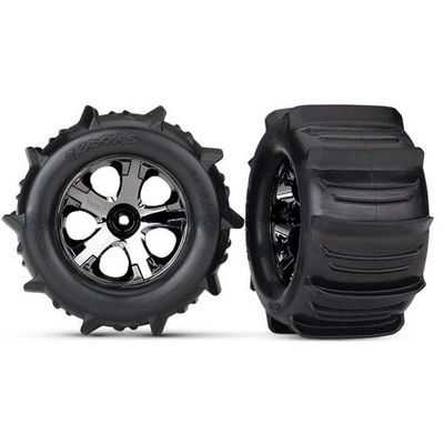 TRX-4175 Traxxas Tires &amp; wheels, assembled, glued (2.8&#39;) (All-Star black chrome wheels, paddle tires, foam inserts) (nitro rear/electric front) (2) (TSM rated)