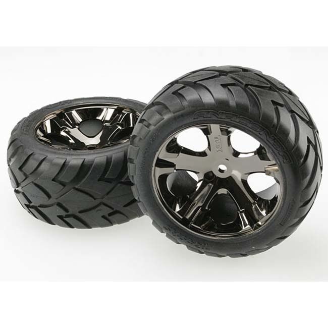 TRX-3773A Traxxas Tires &amp; wheels, assembled, glued (All Star black chrome wheels, Anaconda® tires, foam inserts) (2WD electric rear) (1 left, 1 right)