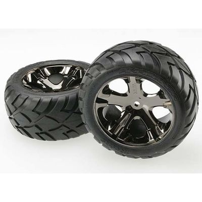 TRX-3773A Traxxas Tires &amp; wheels, assembled, glued (All Star black chrome wheels, Anaconda® tires, foam inserts) (2WD electric rear) (1 left, 1 right)