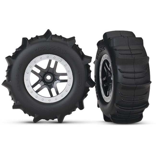 TRX-5891 Traxxas Tires &amp; wheels, assembled, glued (SCT Split-Spoke satin chrome, beadlock style wheels, paddle tires, foam inserts) (2) (4WD front/rear, 2WD rear only) (TSM rated)