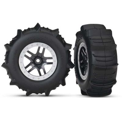 TRX-5891 Traxxas Tires &amp; wheels, assembled, glued (SCT Split-Spoke satin chrome, beadlock style wheels, paddle tires, foam inserts) (2) (4WD front/rear, 2WD rear only) (TSM rated)