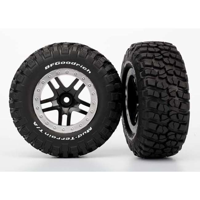 TRX-5883 Traxxas Tires &amp; wheels, assembled, glued (SCT Split-Spoke, black, satin chrome beadlock wheels, BFGoodrich® Mud-Terrain™ T/A® KM2 tire, foam inserts) (2) (4WD f/r, 2WD rear)
