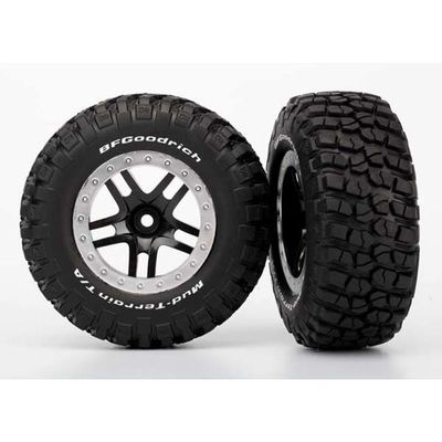 TRX-5883 Traxxas Tires &amp; wheels, assembled, glued (SCT Split-Spoke, black, satin chrome beadlock wheels, BFGoodrich® Mud-Terrain™ T/A® KM2 tire, foam inserts) (2) (4WD f/r, 2WD rear)