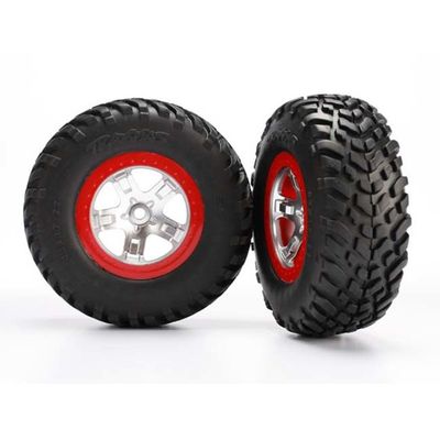 TRX-5873R Traxxas Tires &amp; wheels, assembled, glued (SCT satin chrome red beadlock wheels, ultra-soft S1 compound off-road racing tires, inserts) (2) (2WD rear, 4WD f/r)