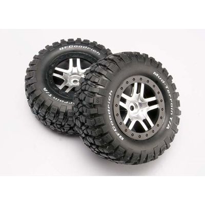 TRX-6873 Traxxas Tires &amp; wheels, assembled, glued (SCT Split-Spoke satin chrome, black beadlock style wheels, BFGoodrich® Mud-Terrain™ T/A® KM2 tires, foam inserts) (2) (4WD f/r, 2WD rear) (TSM rated)