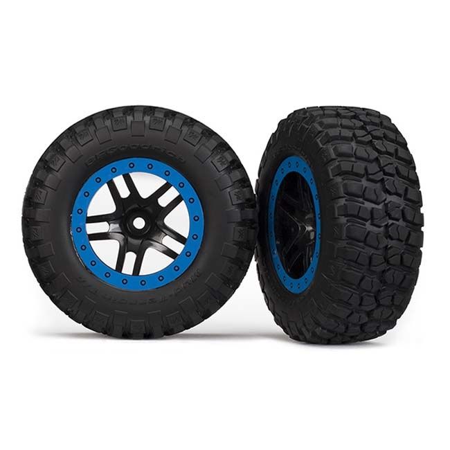 TRX-5883A Traxxas Tire &amp; wheel assy, glued (SCT Split-Spoke, black, blue beadlock wheels, BFGoodrich® Mud-Terrain™ T/A® KM2 tire, inserts) (2) (4WD f/r, 2WD rear)