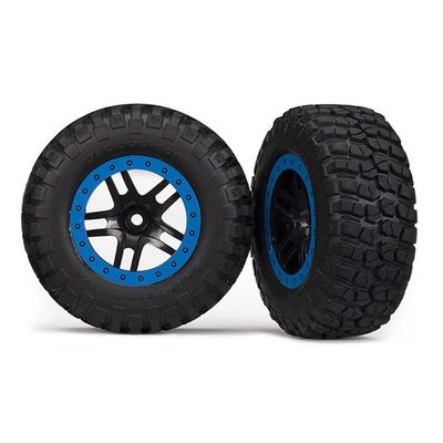 TRX-5883A Traxxas Tire &amp; wheel assy, glued (SCT Split-Spoke, black, blue beadlock wheels, BFGoodrich® Mud-Terrain™ T/A® KM2 tire, inserts) (2) (4WD f/r, 2WD rear)