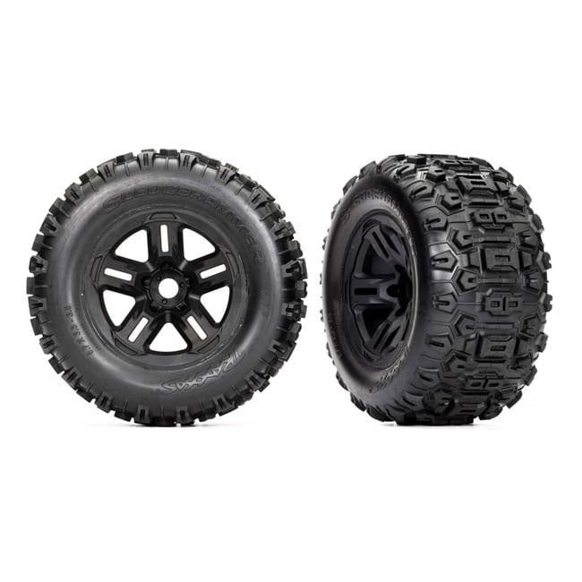 TRX-9672 Traxxas Tires and wheels, assembled, glued (3.8&quot; black wheels, Sledgehammer® tires, foam inserts) (2)