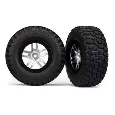 TRX-6873 Traxxas Tires &amp; wheels, assembled, glued (SCT Split-Spoke satin chrome, black beadlock style wheels, BFGoodrich® Mud-Terrain™ T/A® KM2 tires, foam inserts) (2) (4WD f/r, 2WD rear) (TSM rated)