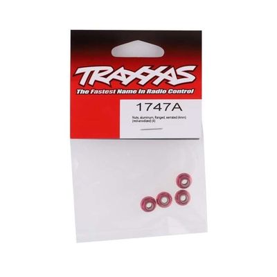 TRX-1747A Traxxas Nuts, aluminum, flanged, serrated (4mm) (red-anodized) (4)