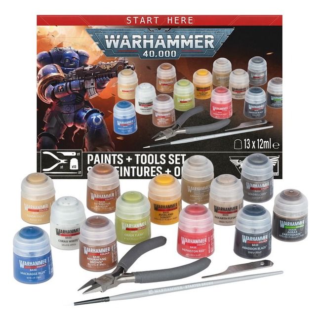 GWS-60-12 Games Workshop Warhammer 40,000 Paints + Tools Set, 13 Paints with Clippers &amp; Scraper