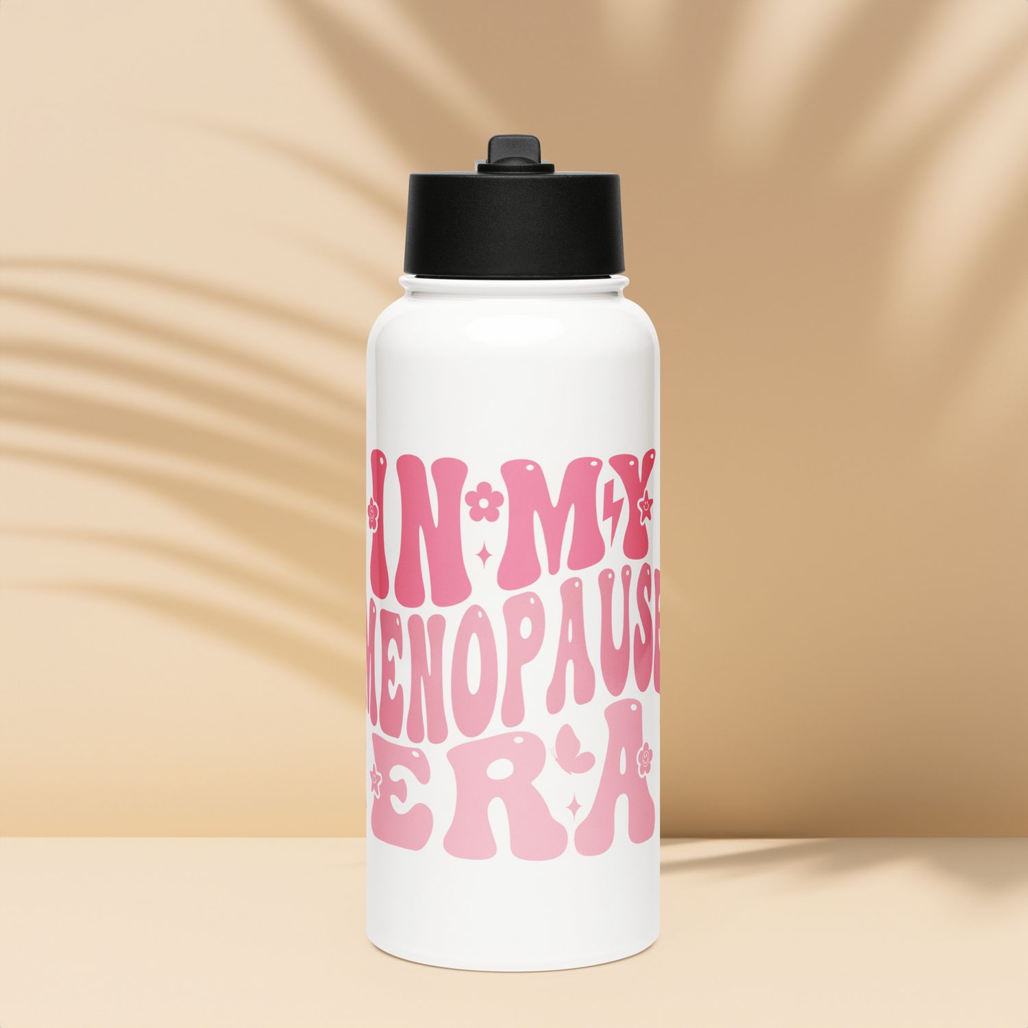 “In My Perimenopause Era&quot; Wide Mouth Stainless Steel &amp; Vacuum Insulated Bottle, New Straw Lid with Wide Handle, White &amp; Pink 32 oz