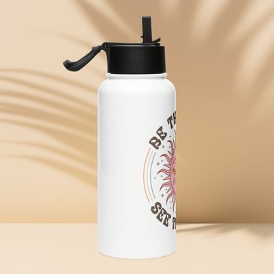 “Be The Good” Water Bottle - Wide Mouth Stainless Steel &amp; Vacuum Insulated Bottle, New Straw Lid with Wide Handle, White &amp; Pink 32 oz