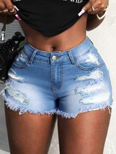 SXY - Ripped Cut Denim Shorts - Light Wash/L