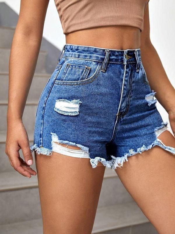 EZWear - Ripped Raw Denim Shorts - Medium Wash/L