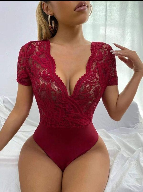 Body Suit - Guipure Lace -Burgundy/M