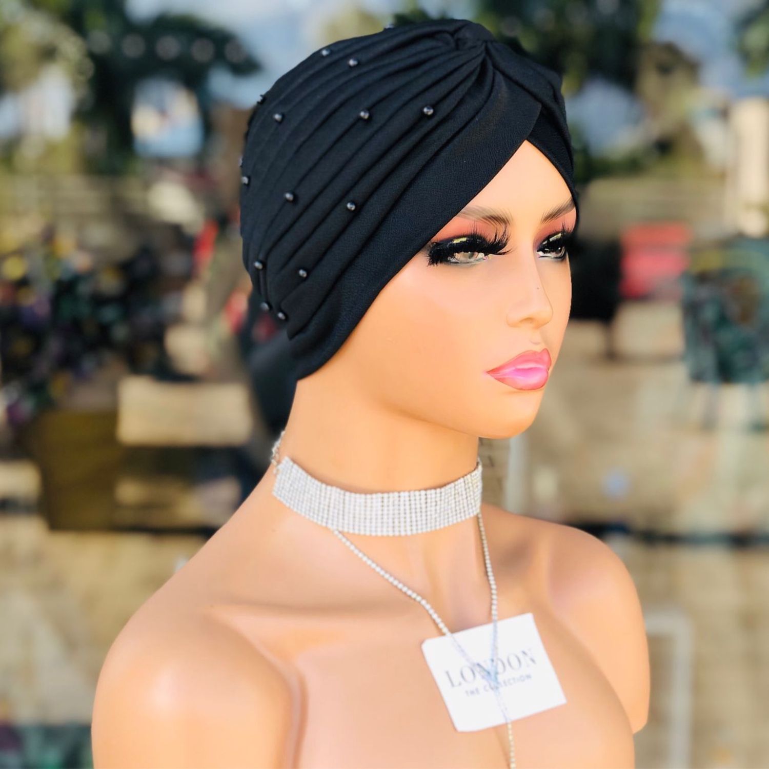 Turban Hat w/Pearls - Black