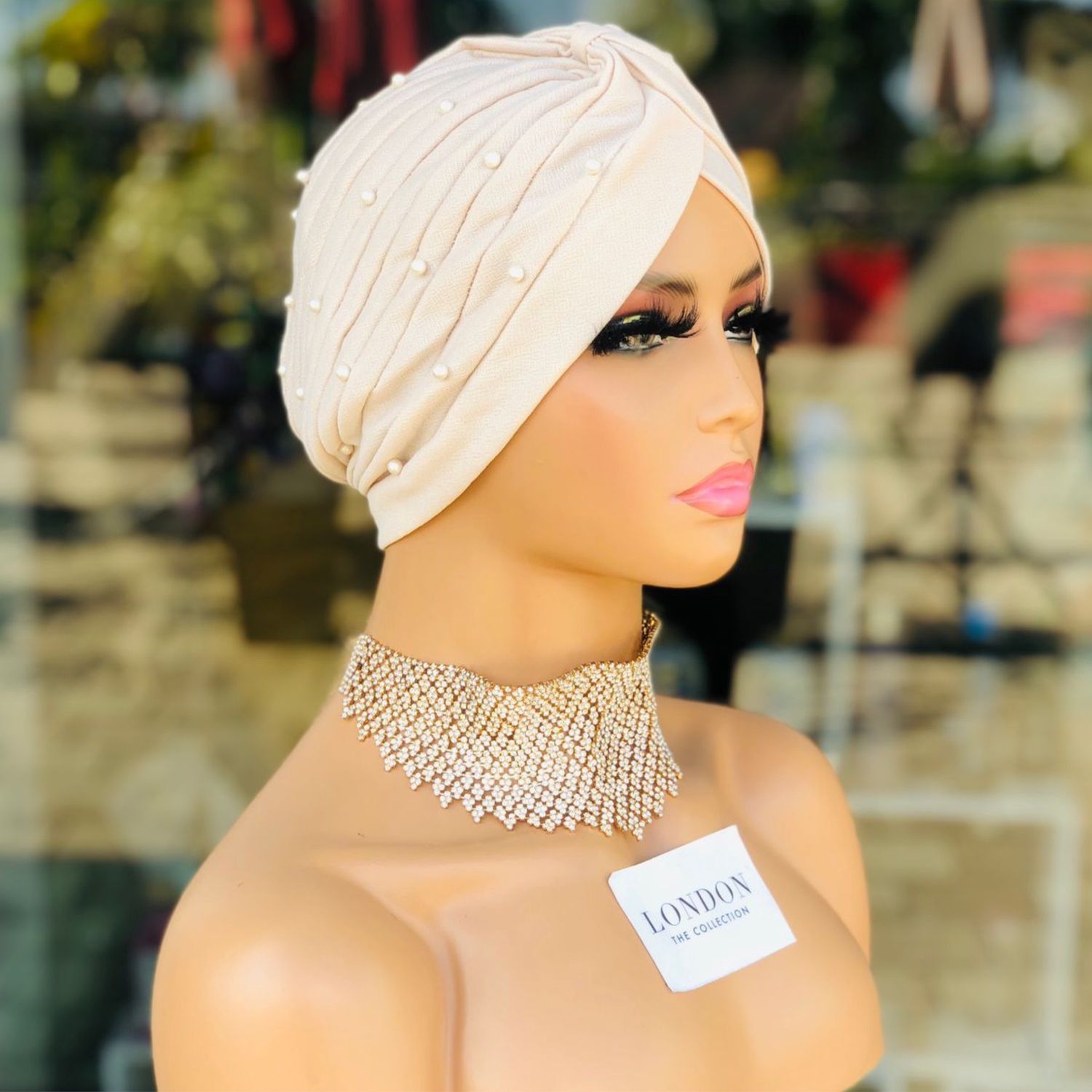 Turban Hat w/Pearls - Cream