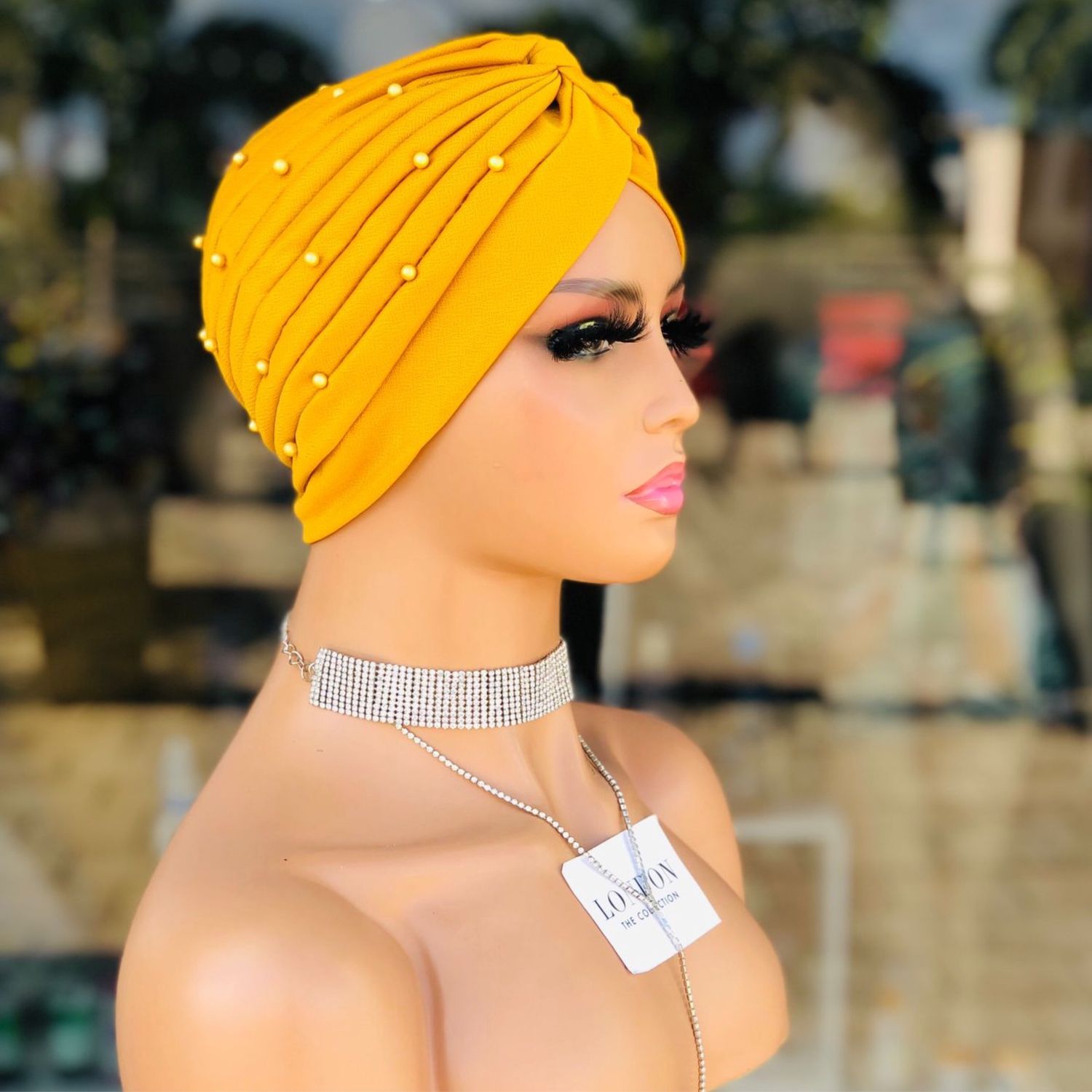 Turban Hat w/Pearls - Mustard