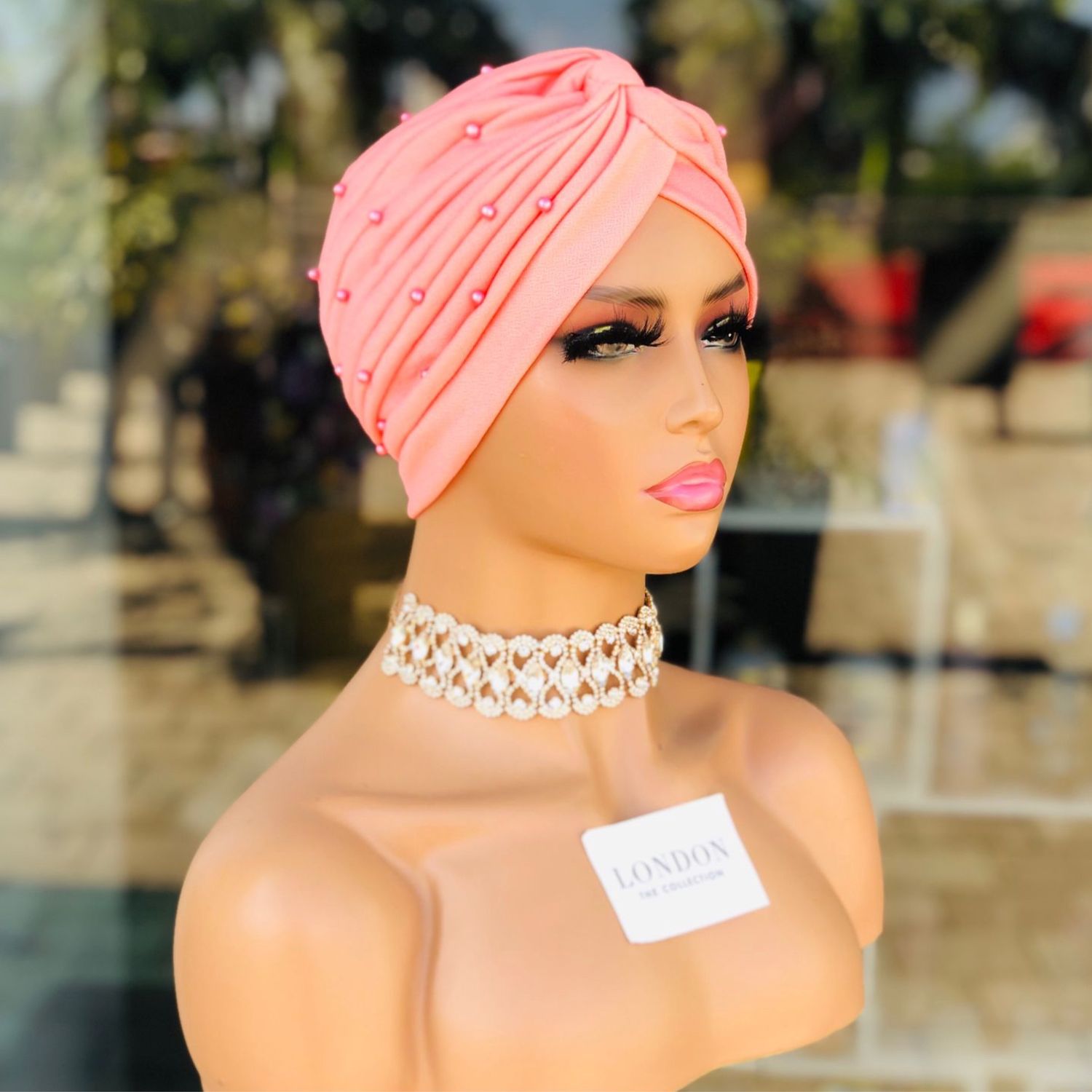 Turban Hat w/Pearls - Pink