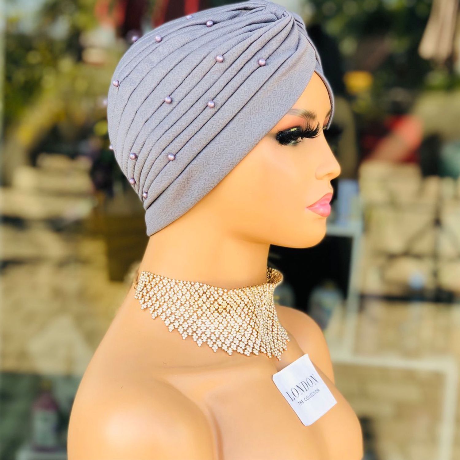 Turban Hat w/Pearls - Grey