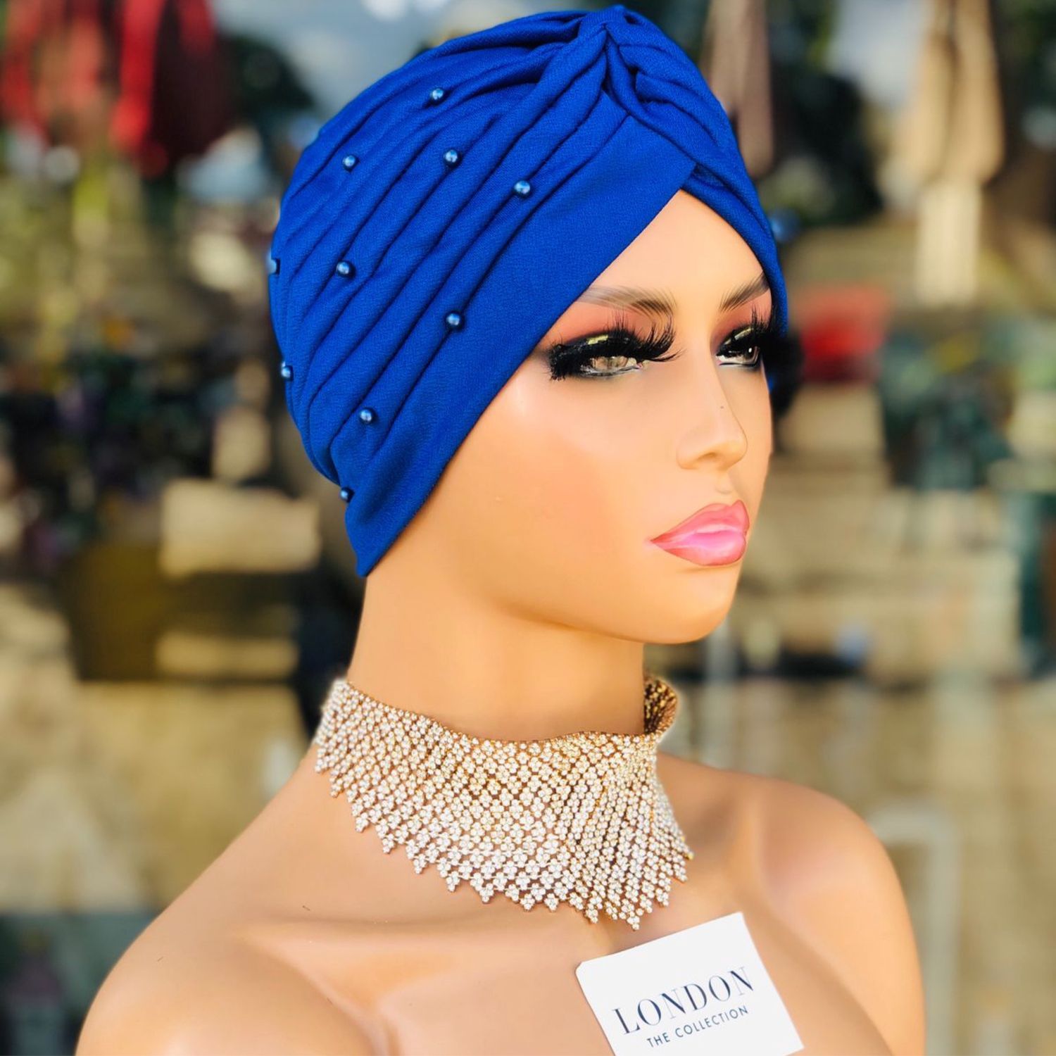 Turban Hat w/Pearls - Navy Blue