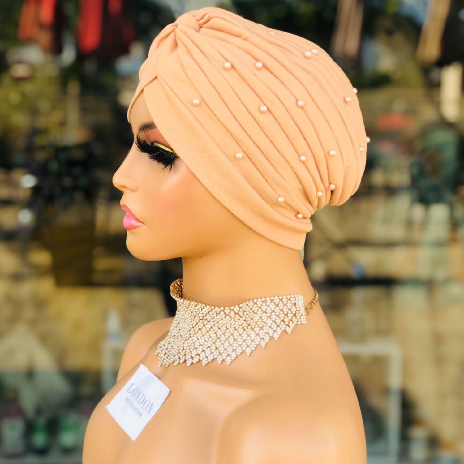 Turban Hat w/Pearls - Nude