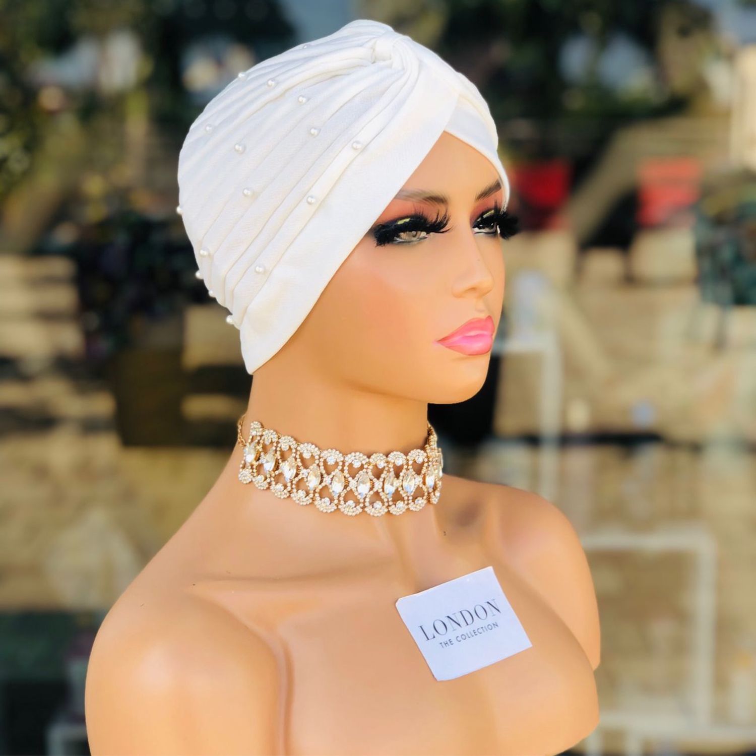 Turban Hat w/Pearls - White