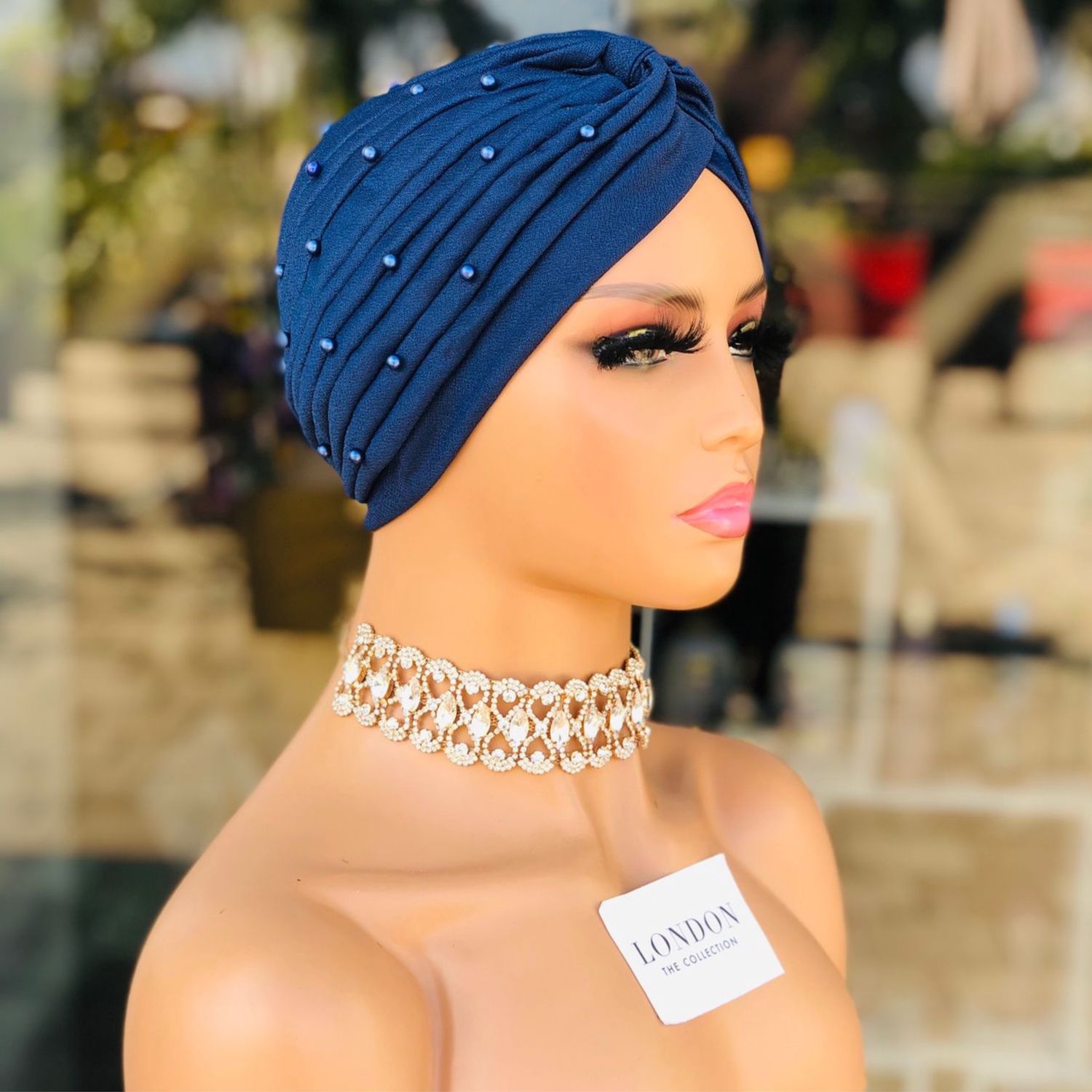 Turban Hat w/Pearls - Royal Blue