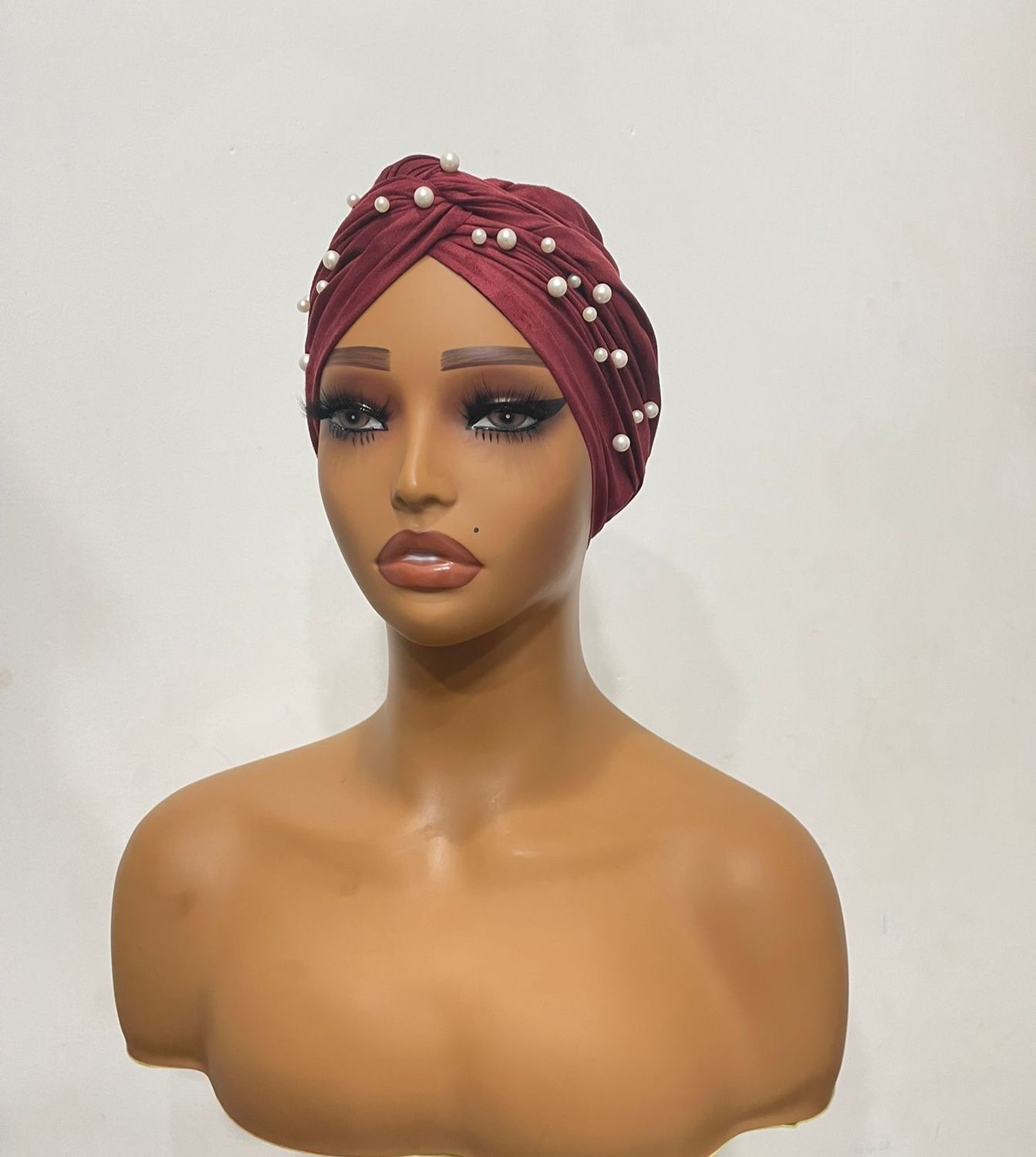 Turban Wrap w/Pearls - Burgundy