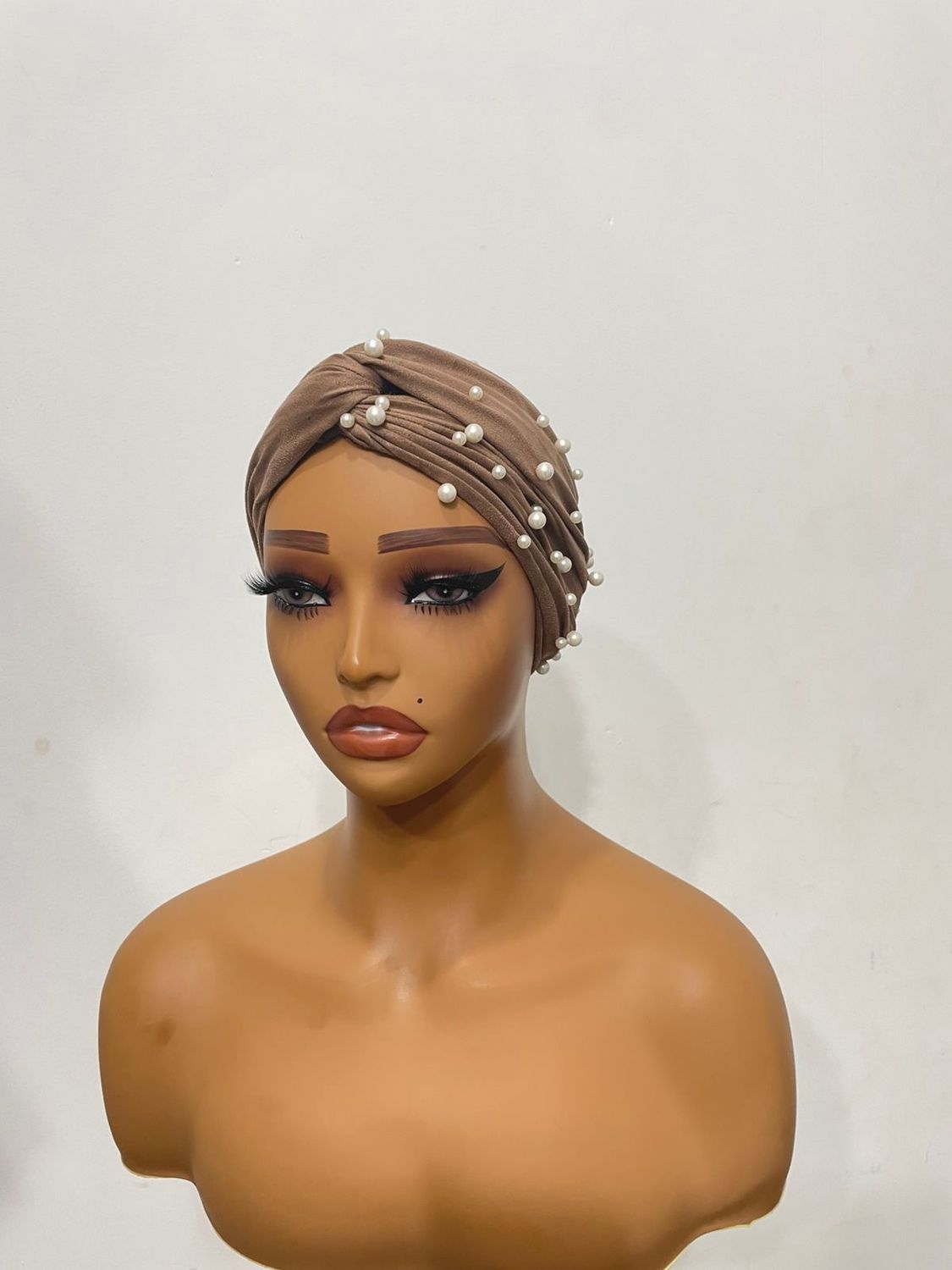 Turban Wrap w/Pearls - Dark Brown