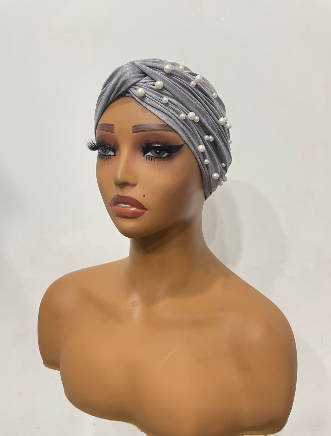 Turban Wrap w/Pearls - Grey
