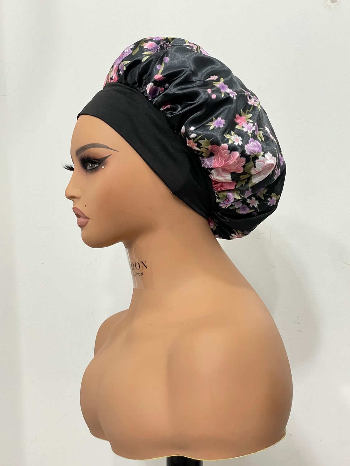 Satin Bonnet - Black/Pink Floral