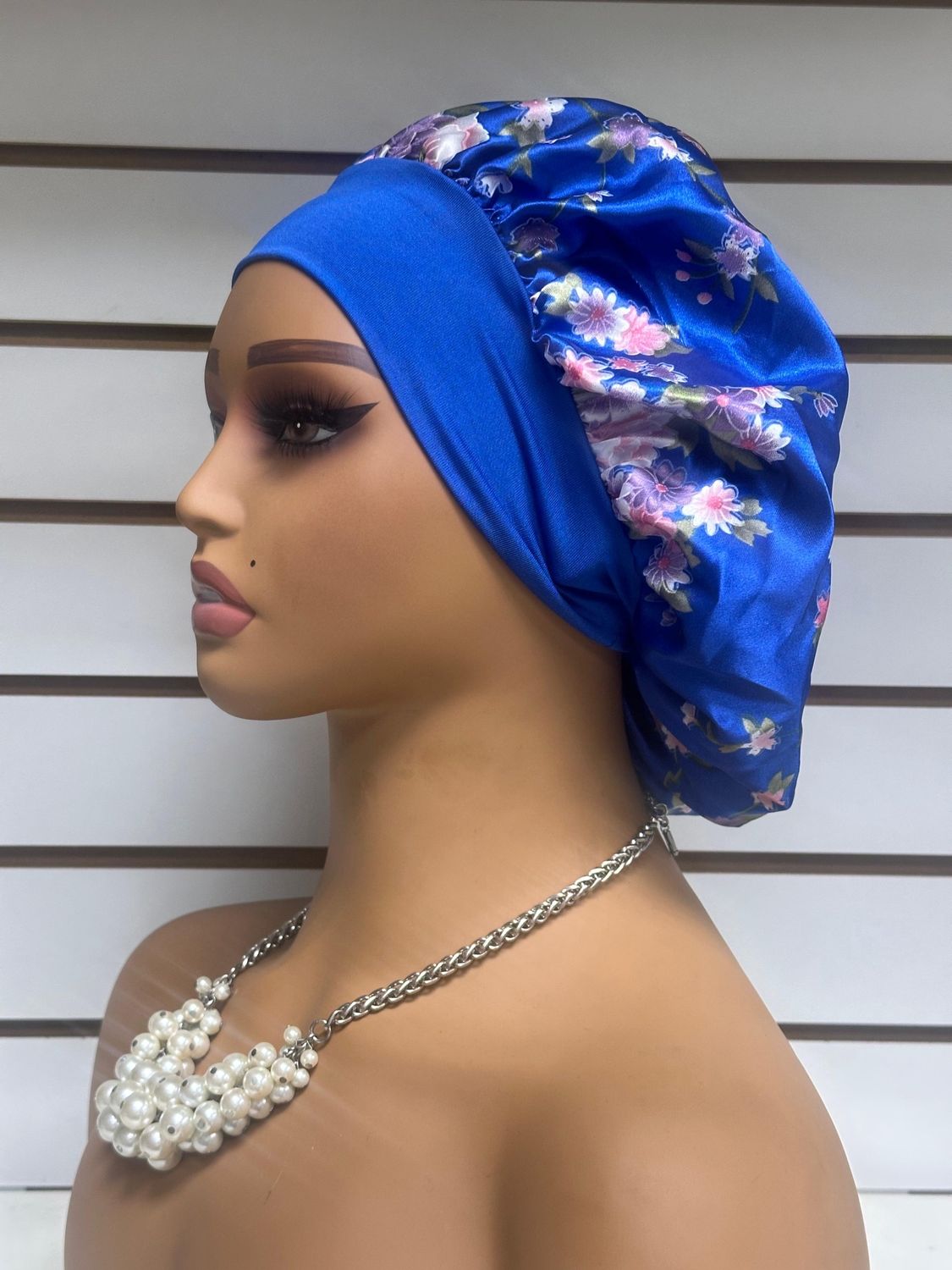 Satin Bonnet - Royal Blue Floral