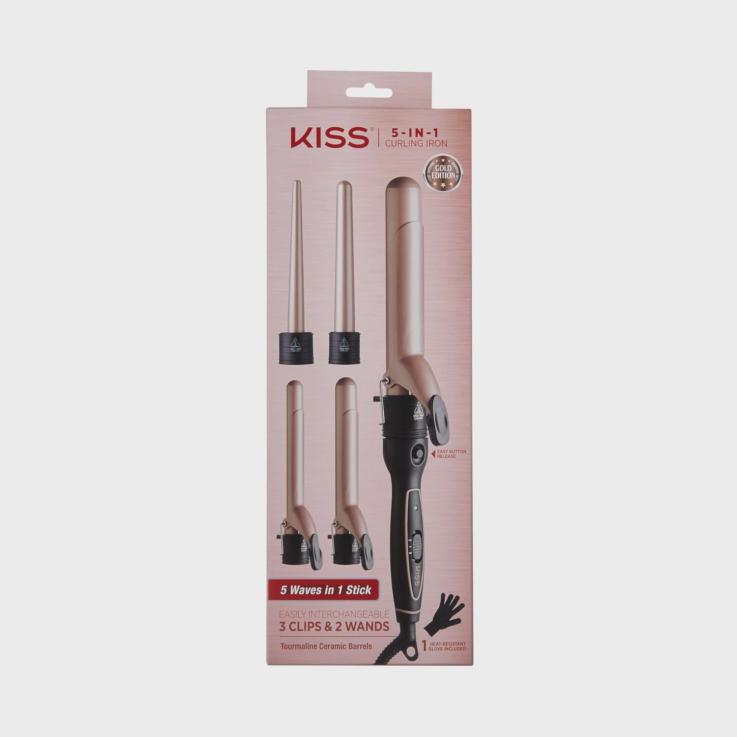 KISS 5-In-1 Curling Iron, Interchangeable Rose Gold Tourmaline Ceramic Barrels