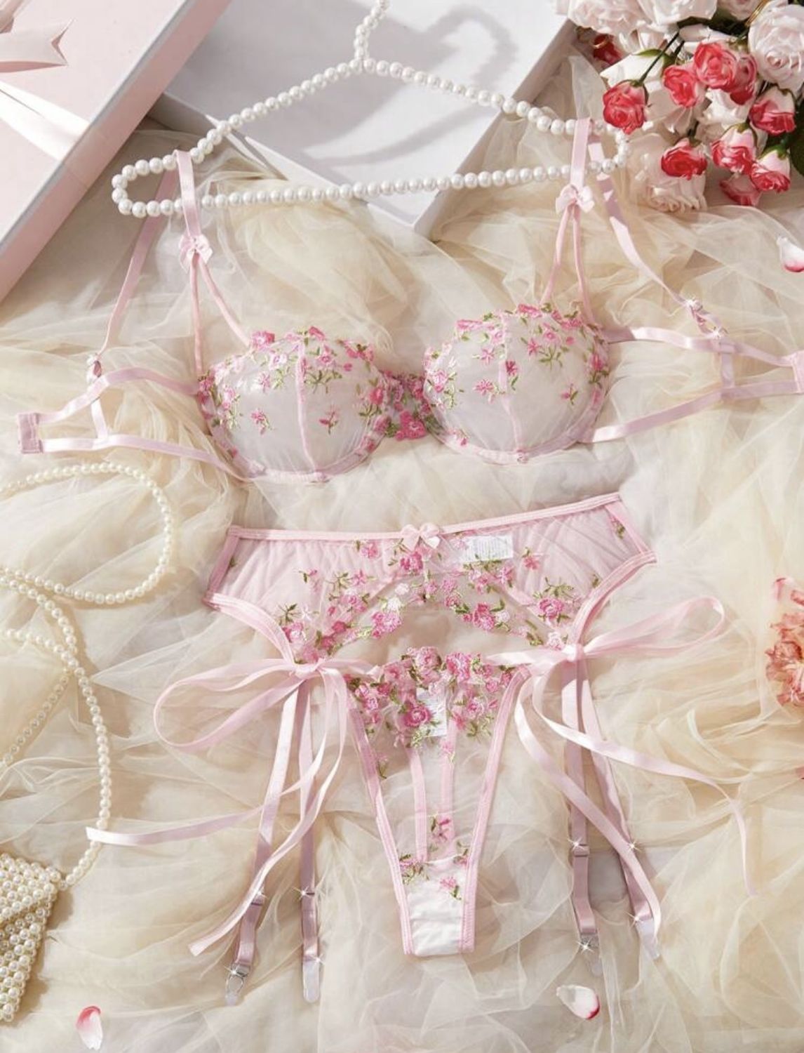 Women Embroidery Floral Mesh Lace Up Set - 3pcs  Pink (Large)