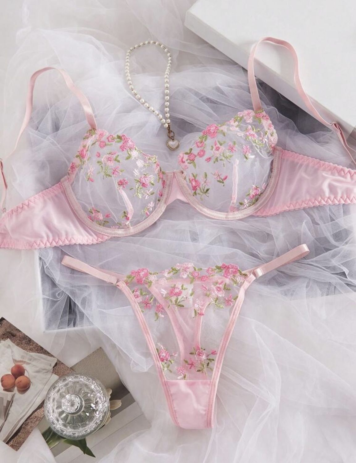 Women&#39;s Pink Floral Embroidered Mesh Bra + Thing - Pink (Large)