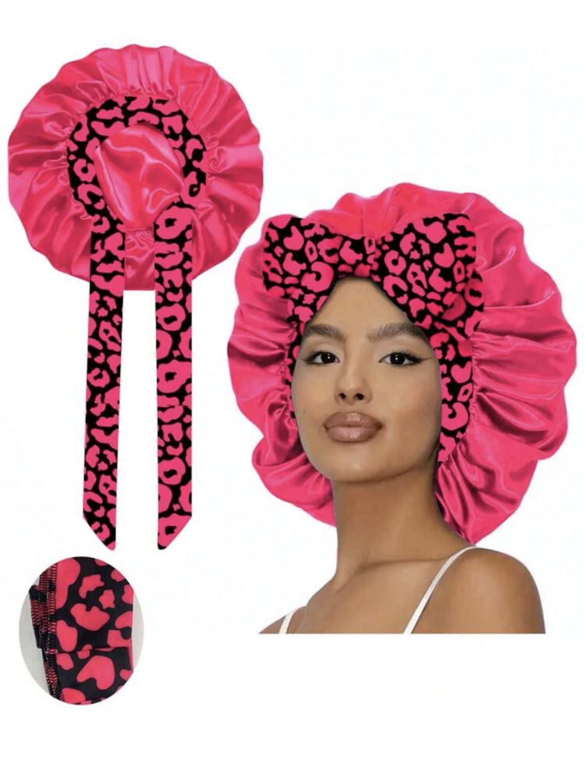 Satin Bonnet w/Tie Front - NPSM66 - Rose Red Leopard