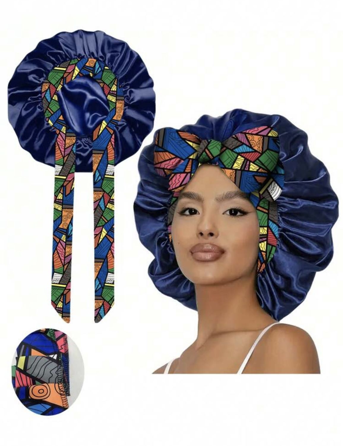 Satin Bonnet w/Tie Front - NPSM201 - Navy Blue Bohemian