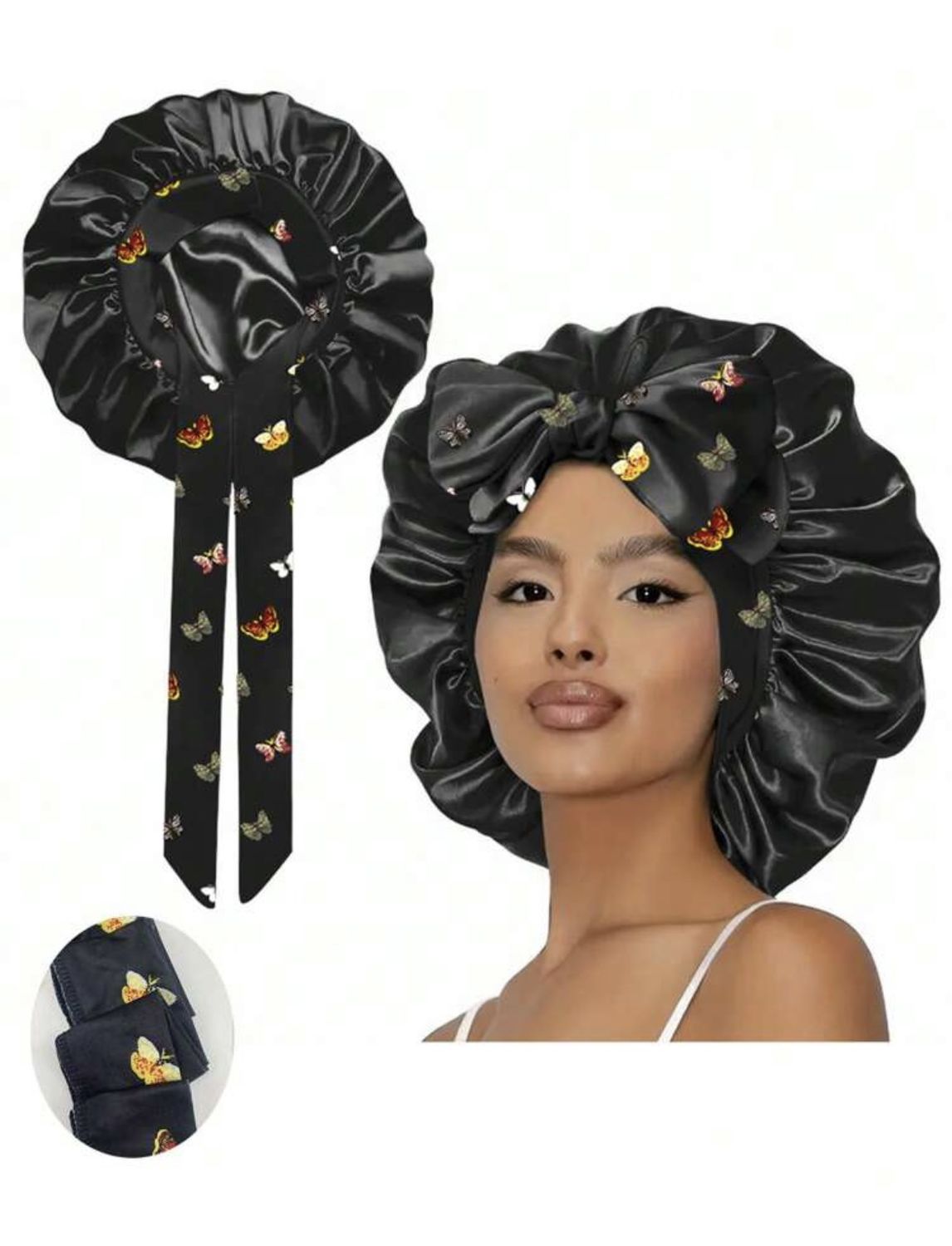 Satin Bonnet w/Tie Front - NPSM23 - Black Butterfly