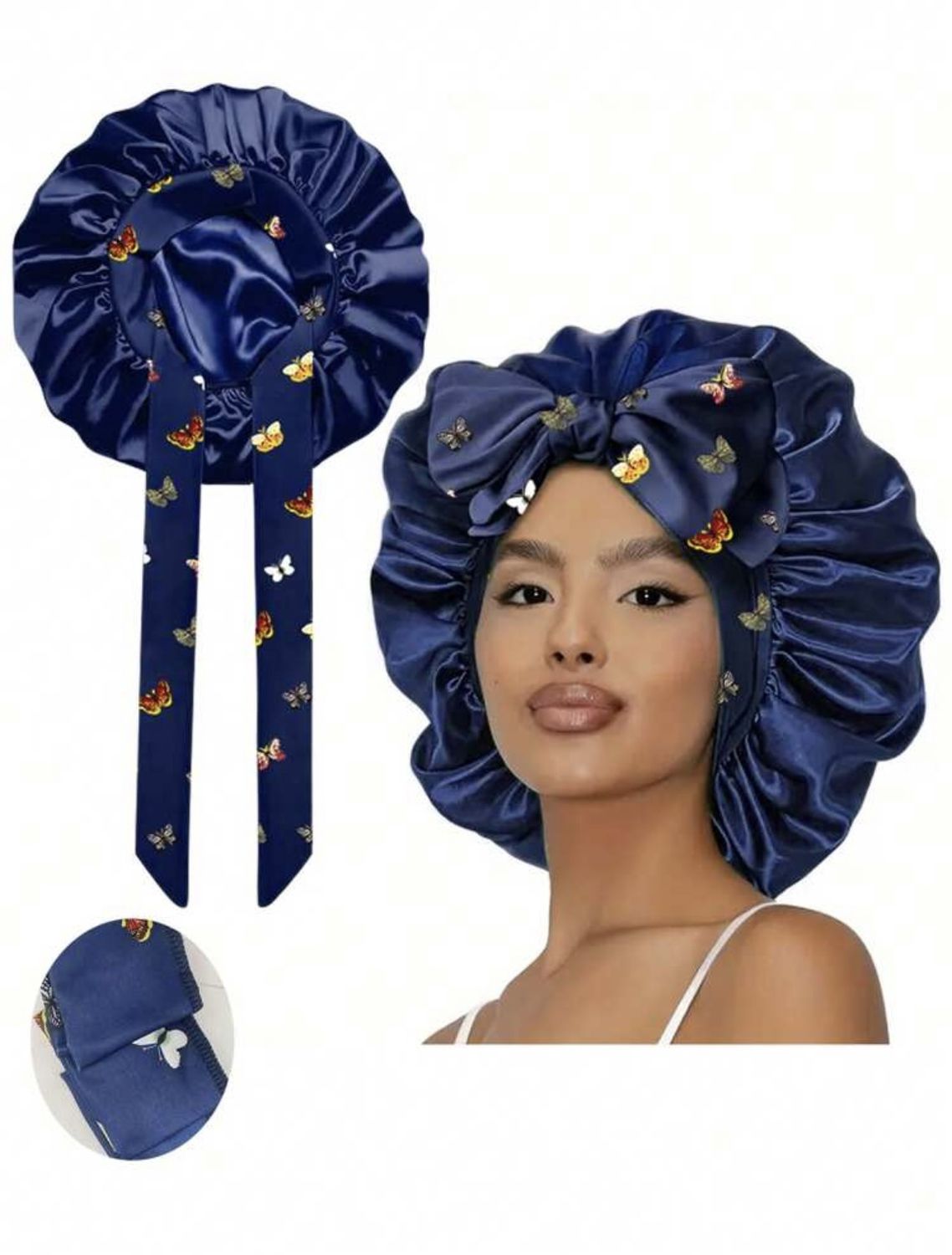 Satin Bonnet w/Tie Front - NPSM25 - Navy Butterfly