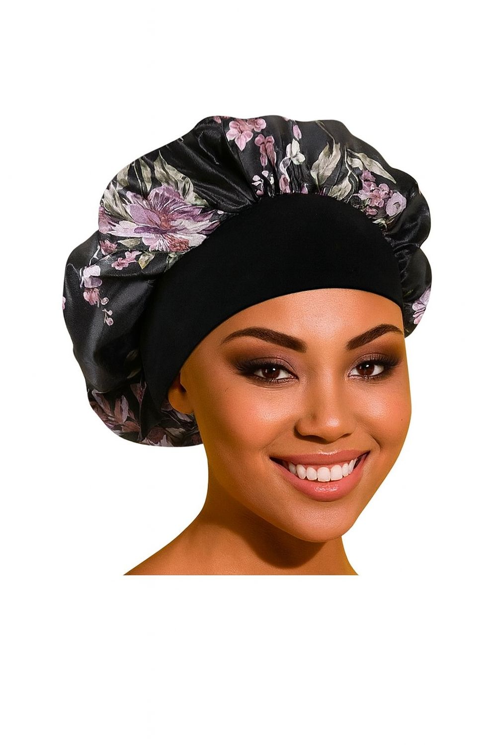 Satin Bonnet - Black/Pink Floral