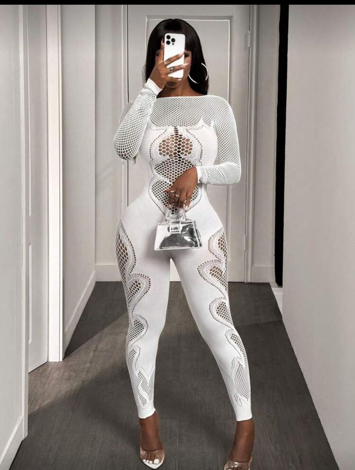 Women's Crew Neck Long Sleeve  Jumpsuit - White  (OS)