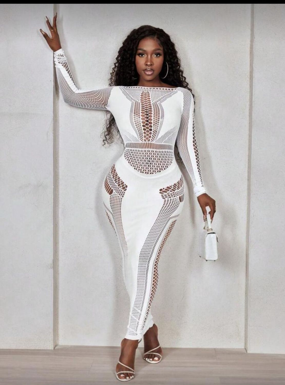 Women's Sexy Hollow Mesh Long Bodycon Dress - White (OS)
